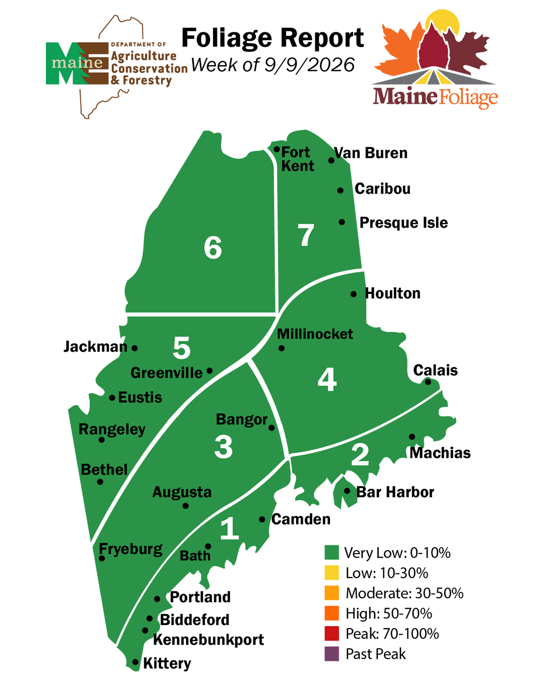 Map of Maine showing foliage color zones for the week of September 9, 2026, with most areas in the “Very Low: 0-10%” color change range.