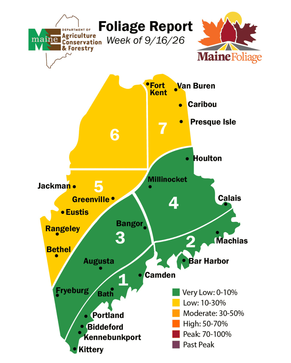 Map of Maine color-coded by region shows foliage color change levels for the week of 9/16/26, ranging from very low (0-10%) to low (10-30%); all regions are at very low or low.