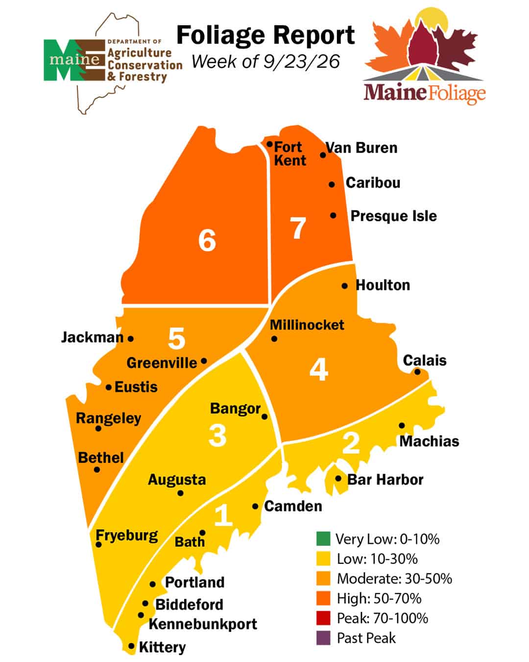 Maine fall foliage map shows color percentages by region for the week of 9/23/26, ranging from 0-10% in the south to 50-70% in the far north.