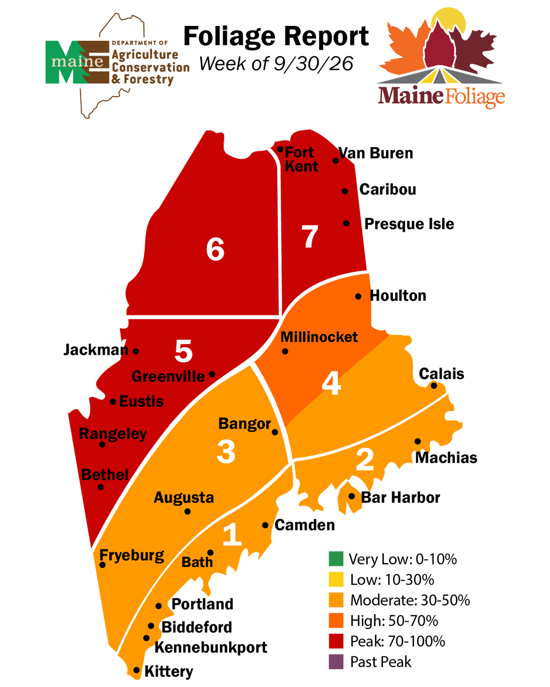 Map of Maine showing foliage color change levels by region for the week of 9/30-9/26, ranging from low to high with a color-coded key and region numbers from 1 to 7.