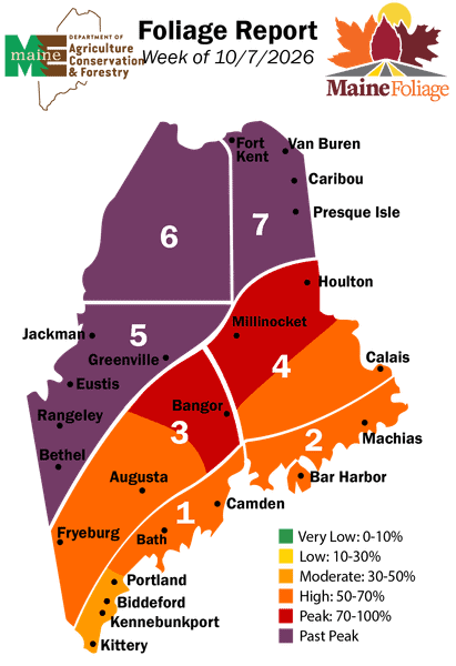 Maine foliage report map for the week of October 7, 2026, showing color change progress by region ranging from very low to past peak.