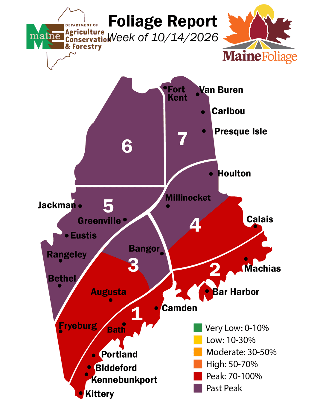 Maine foliage report map for the week of 10/14/2026, showing color-coded regions indicating leaf change progress from very low to past peak.