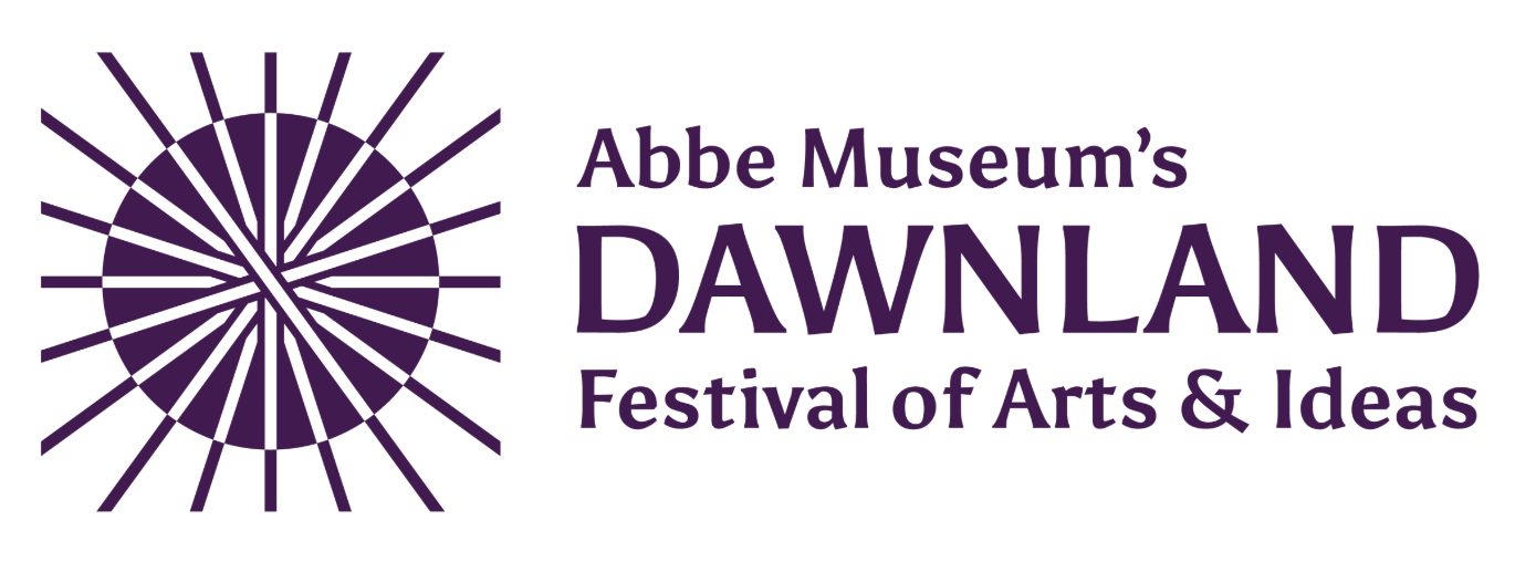 Logo for Abbe Museum’s Dawnland Festival of Arts & Ideas, featuring a stylized sunburst graphic and event name in bold purple text.