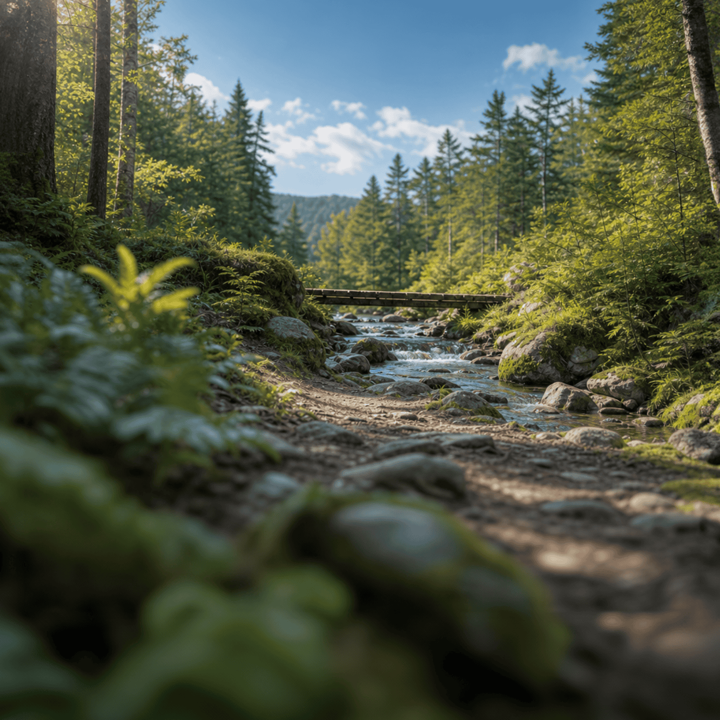 A rocky forest stream flows beneath a small wooden bridge, surrounded by lush green trees and vegetation on a sunny day.