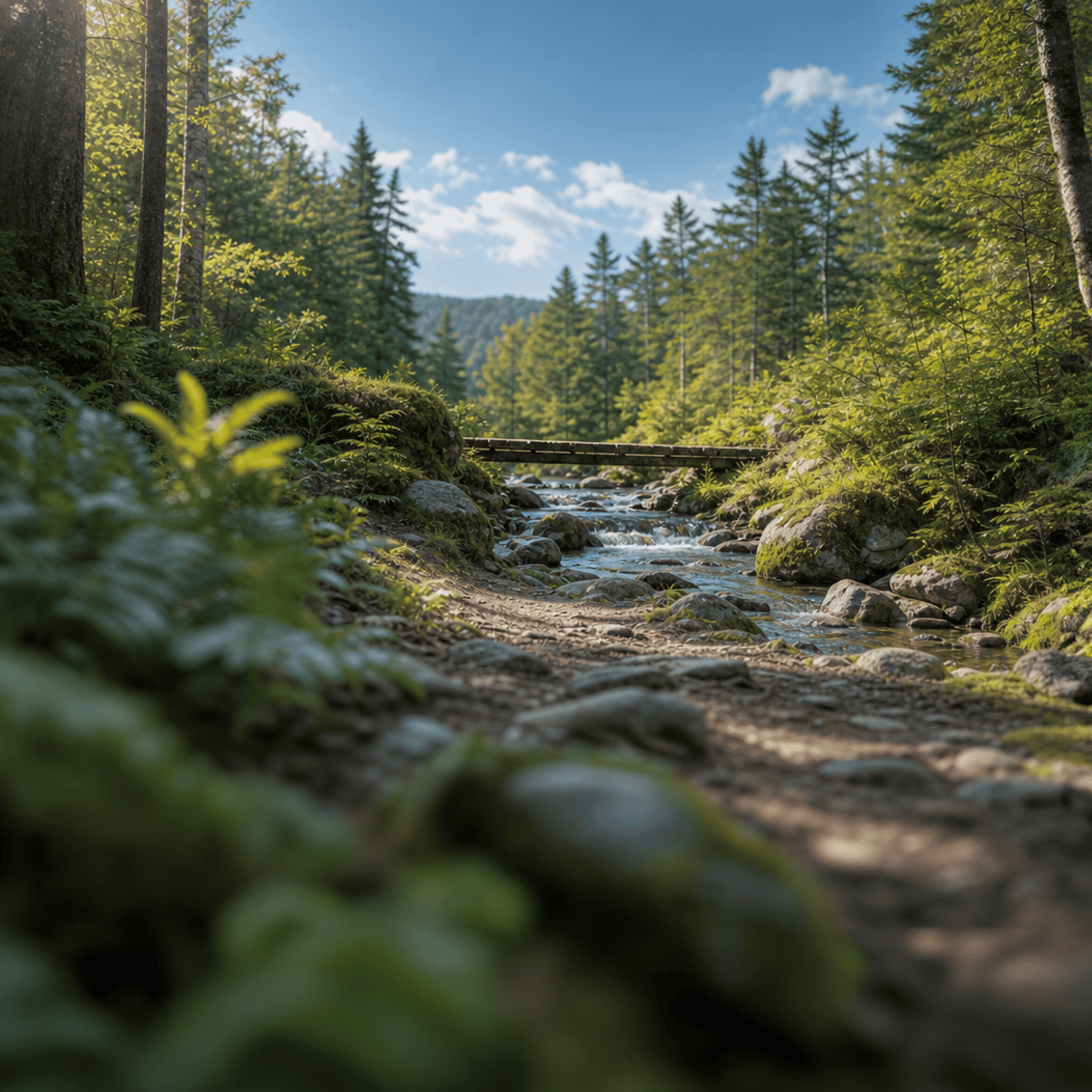A rocky forest stream flows beneath a small wooden bridge, surrounded by lush green trees and vegetation on a sunny day.